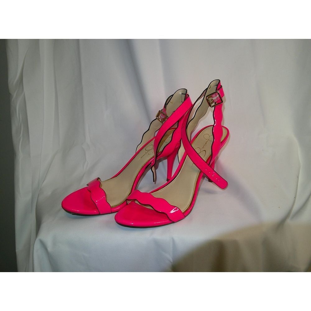 Jessica Simpson Hot Pink Patent Leather Sandals Scalloped Straps Stiletto Heels